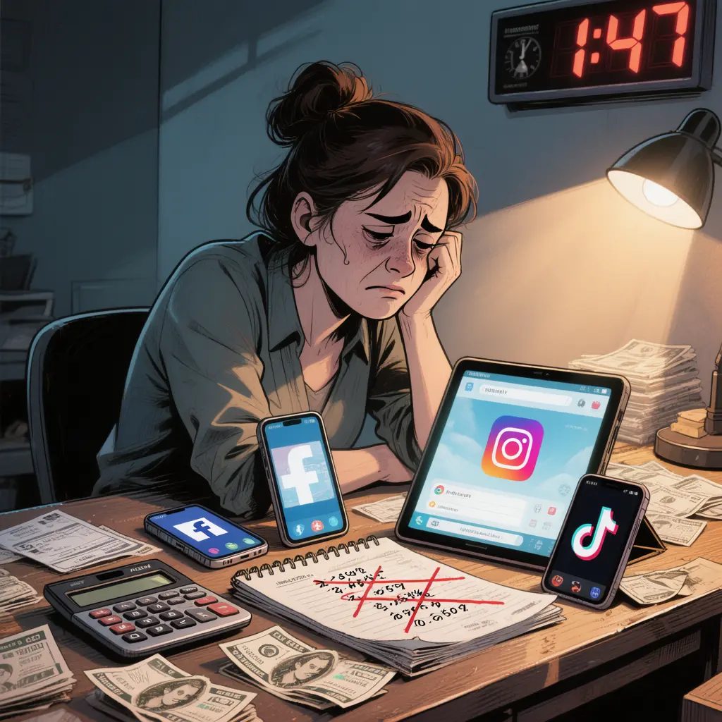 Small business owner overwhelmed by social media marketing demands