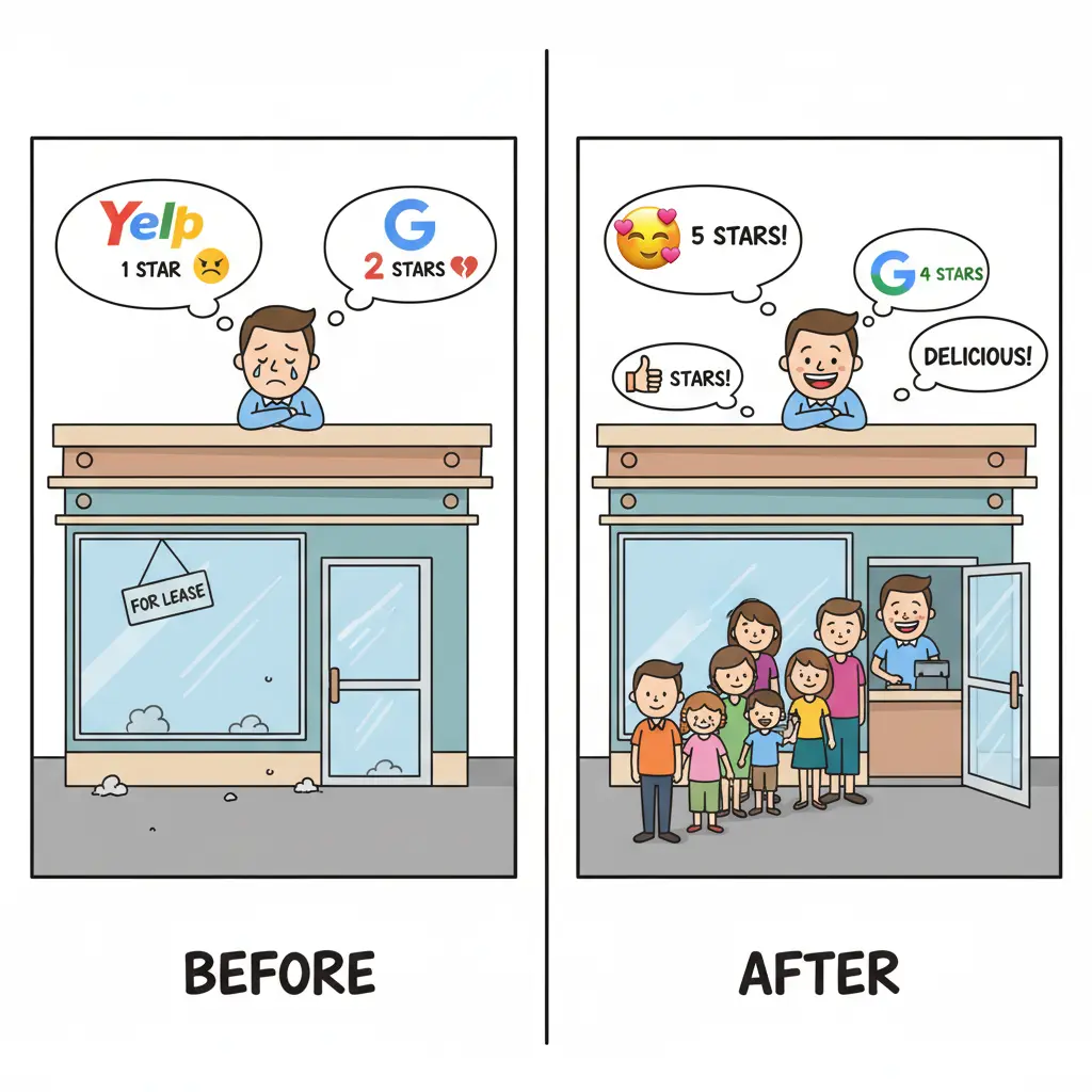 Comparison showing the impact of five-star reviews versus low ratings on business performance