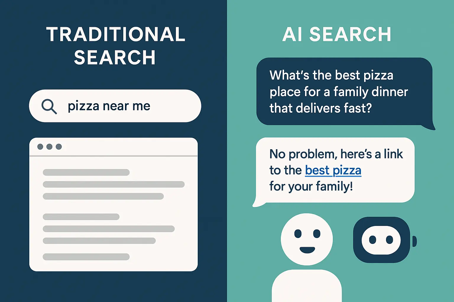 Comparison infographic showing traditional Google search versus AI ChatGPT search methods and user experience